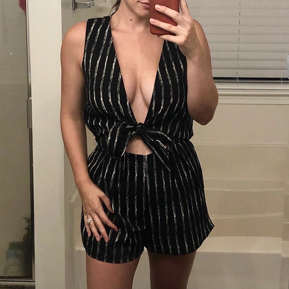 Black & White Striped Front Tie Romper